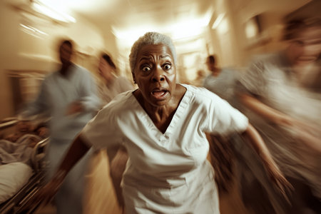 A dramatic scene capturing a senior African American nurse rushing to assist a doctor with a critical patient. The energy of the emergency room is palpable, with other medical professionals engaged in urgent care around them.の素材