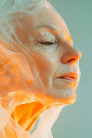 A senior Caucasian woman face blending under a translucent drop of pastel orange in a surreal minimalist style, transforming her features into abstract fluidity.の素材