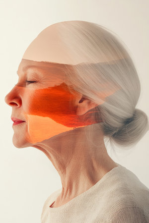 A senior Caucasian woman face blending under a translucent drop of pastel orange in a surreal minimalist style, transforming her features into abstract fluidity.の素材