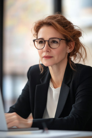 A middle-aged Caucasian female lawyer, participating in a video call from her modern office, showing professionalism and legal expertise.の素材