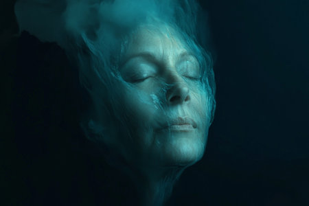 A senior Caucasian woman face melting under a translucent drop of blue in a surreal minimalist illustration, with a serene yet abstract appearance. The color gradually blends into the dark background.の素材