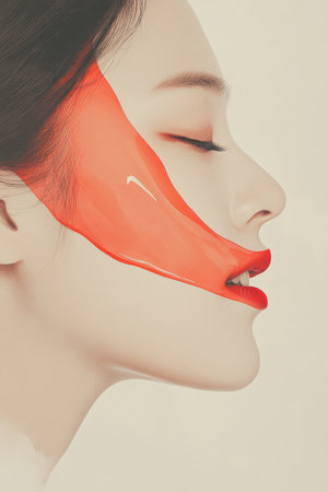A surreal minimalist depiction of a young adult Japanese woman face softening and blending with a translucent red drop of color, altering her features as it flows into the space.の素材