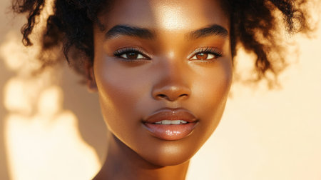 Beauty cosmetics magazine photo of a young adult Black woman with radiant skin and natural pink lips, captured in a warm, inviting light.の素材