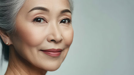 Beauty cosmetics magazine photo of a senior Japanese woman with beautifully smooth skin and soft pink lips, showing timeless beauty.の素材