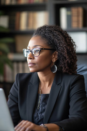 A middle-aged African American female lawyer, focused during a legal video call in a contemporary office, equipped with the latest technology, showing professionalism.の素材