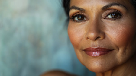 Beauty cosmetics magazine photo of a senior Hispanic woman with smooth skin and natural pink lips, bathed in soft, flattering lighting.の素材