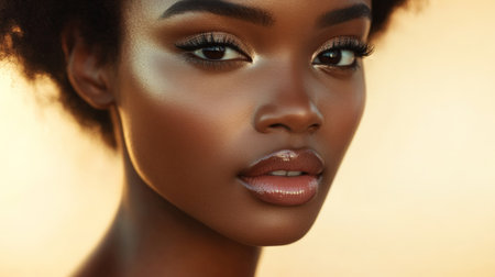 Beauty cosmetics magazine photo of a young adult Black woman with radiant, smooth skin and soft natural pink lips, captured in warm lighting.の素材