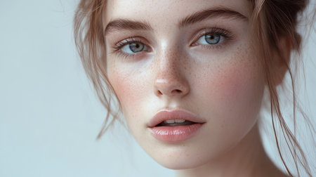 Beauty cosmetics magazine photo of a young adult Caucasian woman with radiant skin and soft pink lips, captured in clean, natural light.の素材