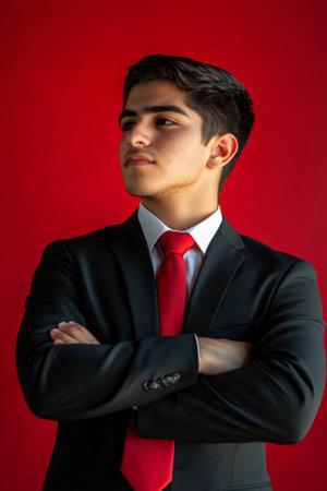 A focused young adult Hispanic man in formal attire, arms crossed against a striking red background, showing casing determination and ambition.の素材