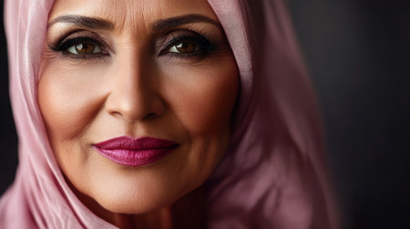 Beauty cosmetics magazine photo showing a senior Arabian woman with beautifully textured skin and elegant pink lips, radiating wisdom and beauty.の素材