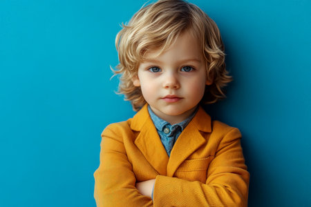 A determined preschooler Caucasian boy in a smart outfit, arms crossed and looking serious against a bright blue background, showing his youthful ambition.の素材