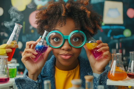 A funny and eccentric young adult Black female scientist in a cluttered lab, wearing oversized goggles and holding beakers with colorful liquids, with a playful expression on her face.の素材