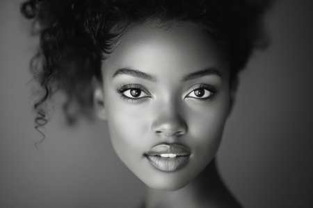 Black and white portrait of a young adult African American woman with her hair elegantly up, clear skin, and piercing, expressive eyes, bathed in natural daylight.の素材