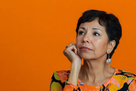 Doubtful middle-aged Hispanic woman in semi-formal attire, gazing thoughtfully on an orange studio background.の素材