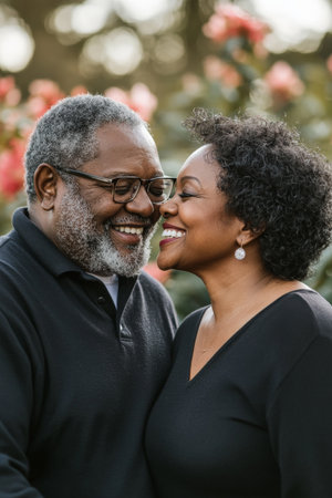 Middle-aged African American couple kissing with a joyful smile, outdoor park with blooming flowers.の素材
