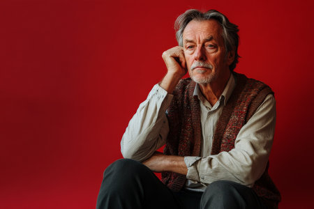 Doubtful senior Caucasian man, wearing semi-formal clothes, sitting on a red studio background, contemplating deeply.の素材
