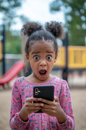 School-age African American girl in shock looking at her phone, joyful surprise in a school playground background.の素材