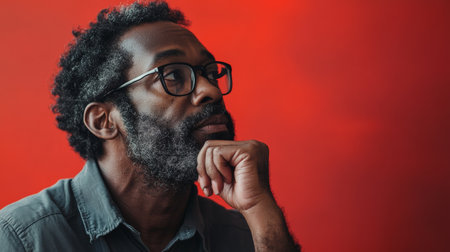 Middle-aged Black man deep in thought with hand on chin against a red background.の素材