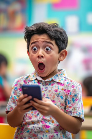 School-age Hispanic boy in shock looking at his phone, colorful classroom setting, wide-eyed surprise.の素材