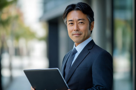 Middle-aged Japanese sales agent in formal attire, holding a laptop and giving a slight smile, modern technological background.の素材