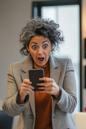 Middle-aged Hispanic woman in shock looking at her phone, modern office environment, shocked by news.の素材