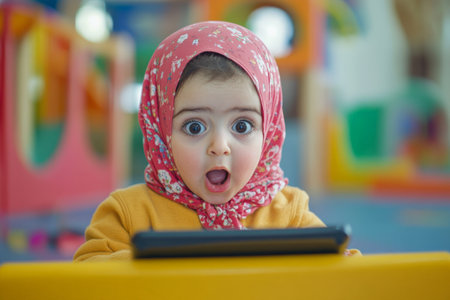 Preschooler Arabian girl in shock looking at a tablet, colorful play area background, wide smile of surprise.の素材