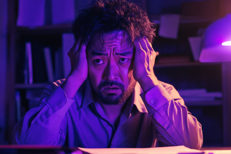 Middle-aged Japanese man with a beard, anxiously holding his head at a desk, dark purple lighting.の素材