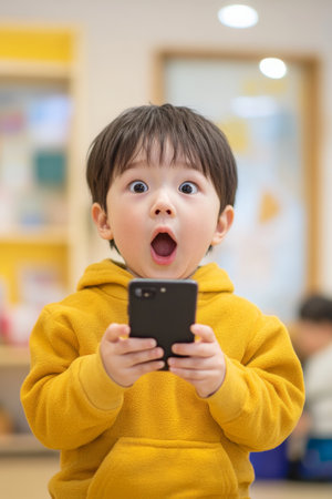 Preschooler Japanese boy in shock holding his phone, playful daycare setting, wide open mouth in surprise.の素材