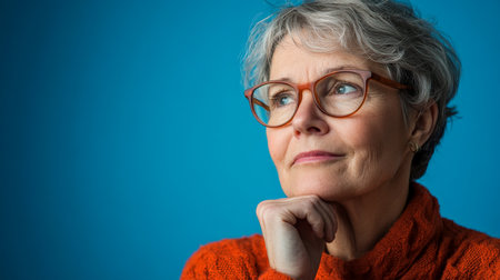 Senior Caucasian woman deep in thought with hand on chin against a blue background.の素材