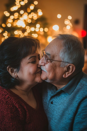 Senior Hispanic couple kissing each other, joyful expression of love, cozy living room setting with warm lighting.の素材