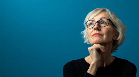 Senior Caucasian woman deep in thought with hand on chin against a blue background.の素材