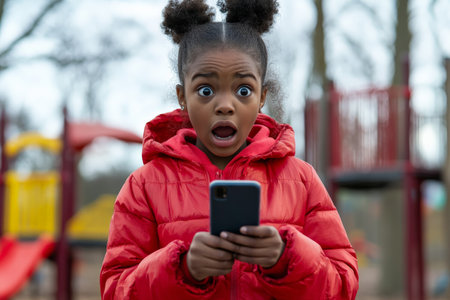 School-age Black girl in shock holding a phone, surprised look, outdoor playground background.の素材