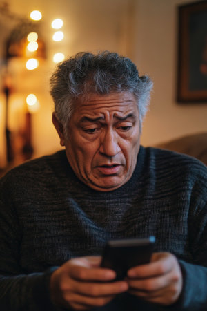Senior Hispanic man in shock, looking at his phone, in a peaceful living room with soft lighting.の素材