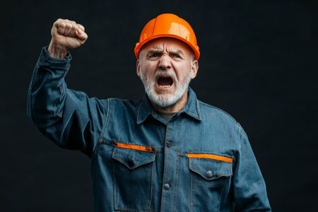 Senior Caucasian worker in work clothes, raising his voice with fist raised in anger and resolve.の素材