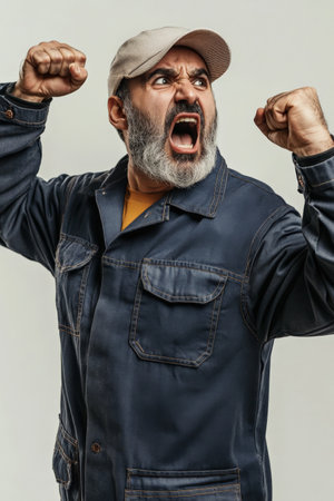 Senior Arabian worker in work clothes, raising his fist and yelling with resolve, strong determination.の素材