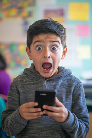 School-age Hispanic boy in shock looking at his phone, colorful classroom setting, wide-eyed surprise.の素材