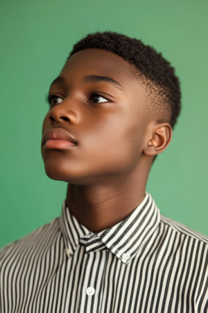 Reflective teenager Black boy in a semi-formal shirt, with a contemplative expression on a green studio background.の素材