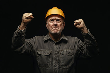 Senior Caucasian worker in work clothes, raising his voice with fist raised in anger and resolve.の素材