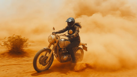 Senior Black woman riding a motorcycle through a massive sandstorm in the desert, scattered bushes barely in sight.の素材