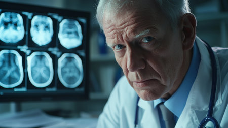 Senior Caucasian doctor reviewing a patientÃ¢â¬â¢s X-ray on a lightbox with a look of serious concentration, medical charts scattered behind.の素材