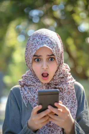 Teenager Arabian girl in shock looking at her phone, surprised by a message, vibrant outdoor park background.の素材