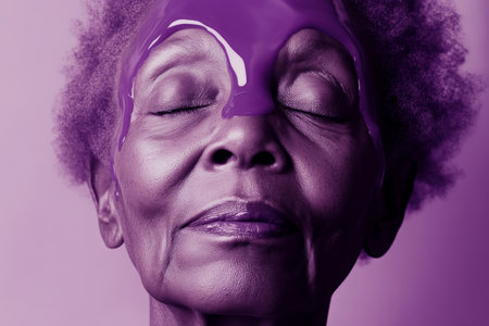 Surreal minimalist depiction of a senior African American woman face melting under a translucent lavender drop, her features becoming fluid and abstract.の素材