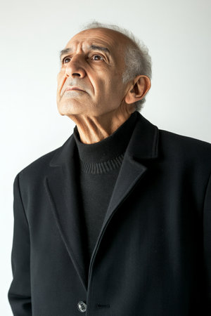 Thoughtful Brazilian senior man in a semi-formal outfit, gazing reflectively on a white studio background.の素材