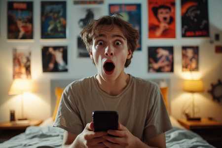 Teenager Caucasian boy in shock, phone in hand, bedroom with posters in the background.の素材