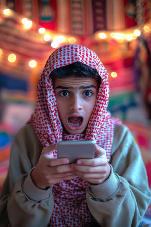 Teenager Arabian boy in shock, holding his phone with mouth open, colorful bedroom background.の素材