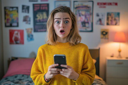 Teenager Caucasian girl in shock, phone in hand, bedroom with posters in the background.の素材