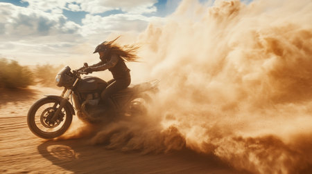 Young adult Hispanic girl speeding through a sandstorm in the desert on her motorcycle, scattered bushes behind.の素材