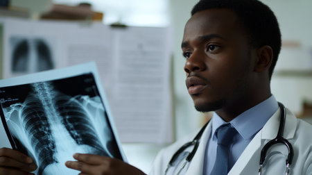 Young adult African American doctor reviewing a patientÃ¢â¬â¢s X-ray on a lightbox with detailed medical charts behind.の素材