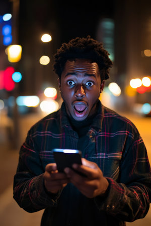 Young adult African American man in shock looking at his phone, urban street at night background.の素材