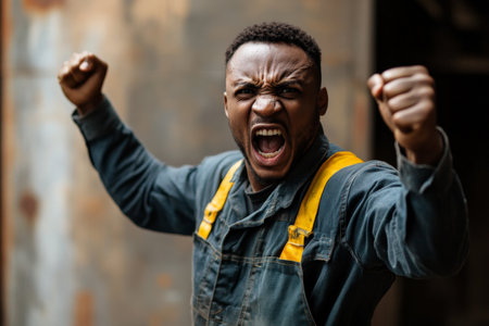 Young adult Black worker in work clothes, raising his voice with fist raised in determination, intense expression.の素材